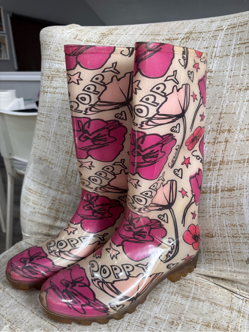 COACH Pink Poppy Print Rain Boots